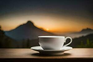 a cup of coffee on a table in front of a mountain. AI-Generated photo