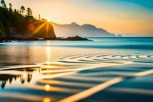 the sun is setting over the ocean and waves. AI-Generated photo