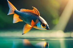 a fish is flying over water with a bright sun. AI-Generated photo