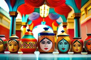 a row of colorful pots with faces painted on them. AI-Generated photo