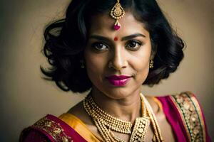 a beautiful indian woman wearing a pink sari and gold jewelry. AI-Generated photo