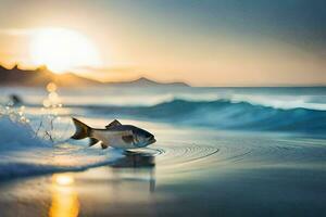 un pescado es caminando en el playa a puesta de sol. generado por ai foto