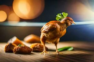 a chicken is standing on a table with potatoes. AI-Generated photo