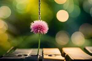 a pink flower is hanging from a wooden bench. AI-Generated photo