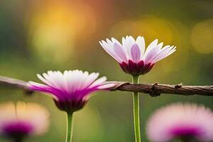 two pink flowers are sitting on a barbed wire. AI-Generated photo