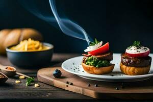 two small sandwiches with cheese and vegetables on a wooden table. AI-Generated photo