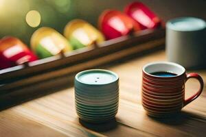 two coffee cups sit on a table next to a wooden tray. AI-Generated photo