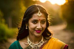 a woman in a sari with gold jewelry. AI-Generated photo