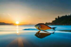 un pescado es nadando en el agua a puesta de sol. generado por ai foto