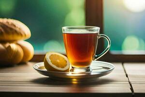 a glass of tea with lemon on a wooden table. AI-Generated photo