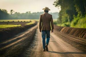 un hombre en un vaquero sombrero camina abajo un suciedad la carretera. generado por ai foto