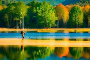 a man is fishing in a lake with colorful trees. AI-Generated photo