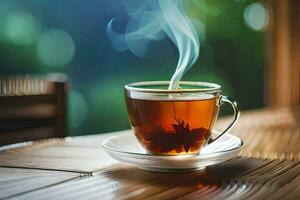 un taza de té con un hoja en el mesa. generado por ai foto