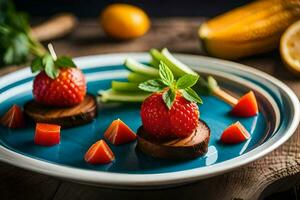 a plate with strawberries and cucumbers on it. AI-Generated photo