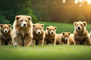 un grupo de marrón perros en pie en el césped. generado por ai foto