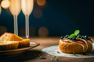 a dessert with blueberries and a glass of champagne. AI-Generated photo