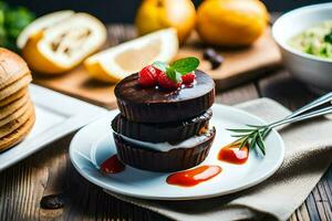 un plato con chocolate magdalenas y un plato de un pan. generado por ai foto