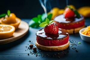 two desserts with strawberries and chocolate on a table. AI-Generated photo