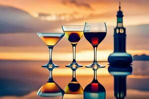 three glasses of alcohol are lined up on a table. AI-Generated photo