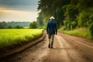 a man in a suit and hat walks down a dirt road. AI-Generated photo