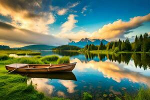 the boat is on the shore of a lake. AI-Generated photo