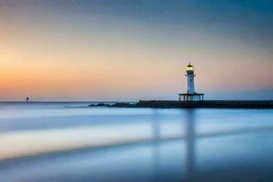 a lighthouse stands on the shore of the ocean at sunset. AI-Generated photo