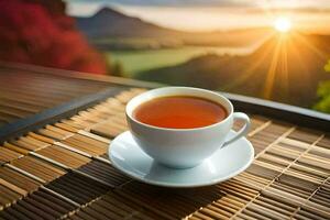 a cup of tea on a bamboo mat in front of a beautiful sunset. AI-Generated photo