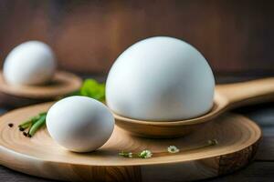 two eggs sit on a wooden board. AI-Generated photo