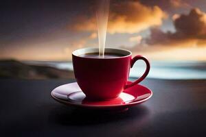 a cup of coffee on a table with a sunset in the background. AI-Generated photo