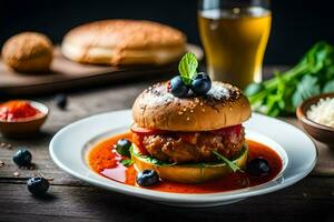 a burger with sauce and blueberries on a plate. AI-Generated photo