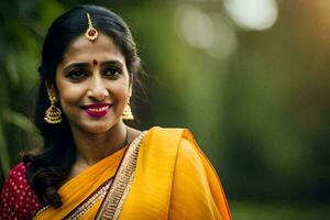 un mujer en un amarillo sari sonriente. generado por ai foto