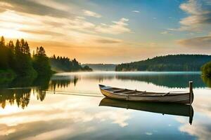 a boat is floating on a lake at sunset. AI-Generated photo