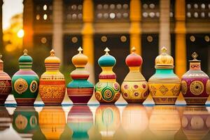 colorful vases lined up on a table. AI-Generated photo