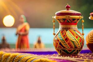 a colorful pot sitting on a table with a woman in the background. AI-Generated photo