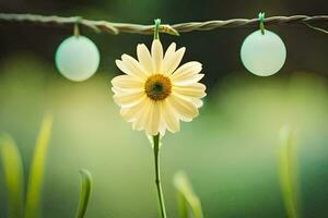 a yellow flower and two blue eggs hanging from a wire. AI-Generated photo