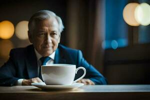 un más viejo hombre en un traje se sienta a un mesa con un taza de café. generado por ai foto