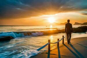 un hombre en un traje soportes en el playa a puesta de sol. generado por ai foto