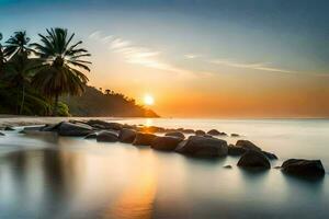 the sun sets over the ocean and rocks on the beach. AI-Generated photo
