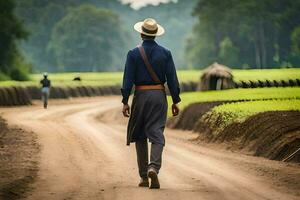 un hombre en un sombrero y azul camisa caminando abajo un suciedad la carretera. generado por ai foto