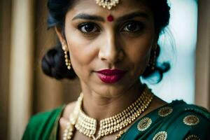 un hermosa indio mujer vistiendo un verde sari. generado por ai foto