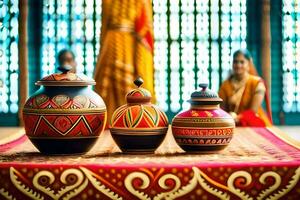 three colorful pots sitting on a table. AI-Generated photo