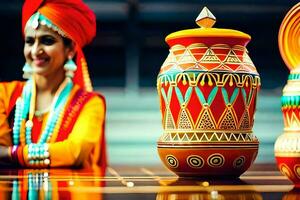 a woman in traditional indian dress sits next to a colorful pot. AI-Generated photo