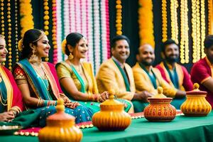 un grupo de personas en vistoso saris sentado a un mesa. generado por ai foto