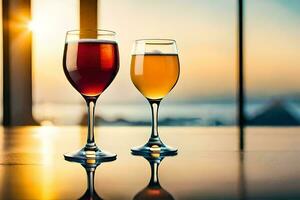 two glasses of wine on a table with the sun setting behind them. AI-Generated photo