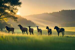 horses in the field at sunset. AI-Generated photo