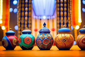colorful vases lined up in a row. AI-Generated photo