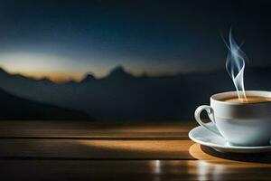 a cup of coffee on a table with mountains in the background. AI-Generated photo