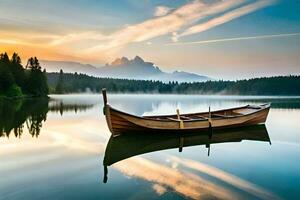 a boat sits on the water at sunrise. AI-Generated photo