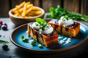the food is served on a plate with a fork and a bowl of fries. AI-Generated photo