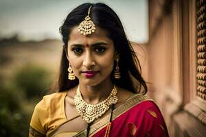 a beautiful indian woman wearing a traditional sari. AI-Generated photo